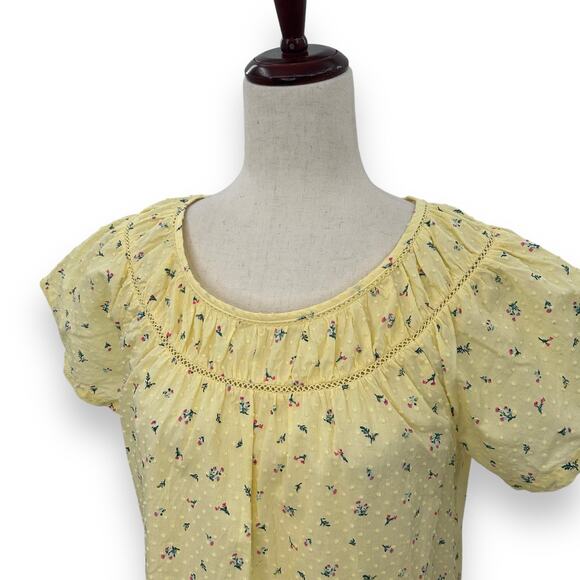 Ann Taylor Loft Light Yellow Ditsy Floral Top Size Small Cottage Fairy Swiss Dot - Picture 3 of 9